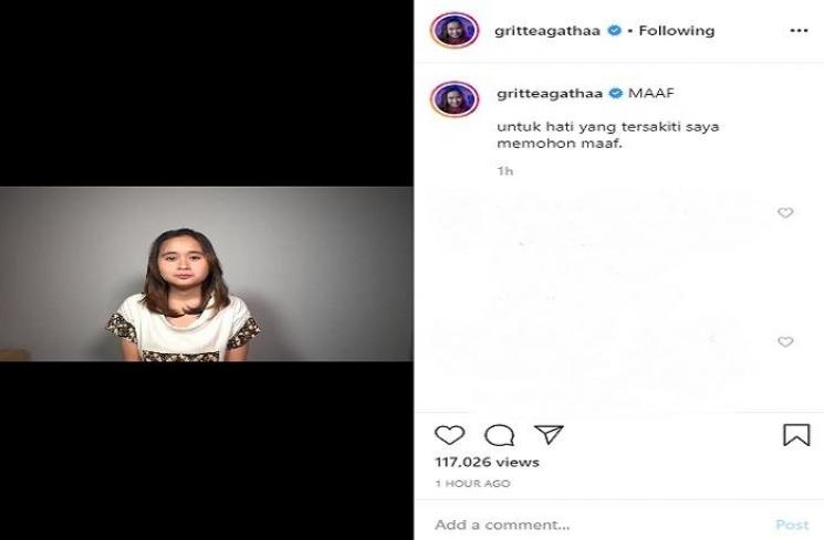 Gritte Agatha minta maaf (Instagram @gritteagathaa)