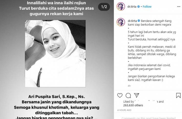 Kabar perawat meninggal dunia karena corona. (Instagram/@dr.tirta)