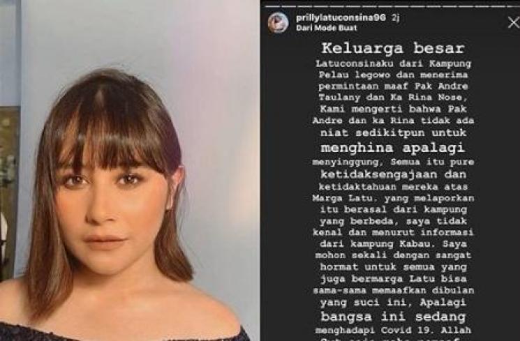 Postingan Prilly Latuconsina terkait pelapor Andre Taulany dan Rina Nose. [Instagram]