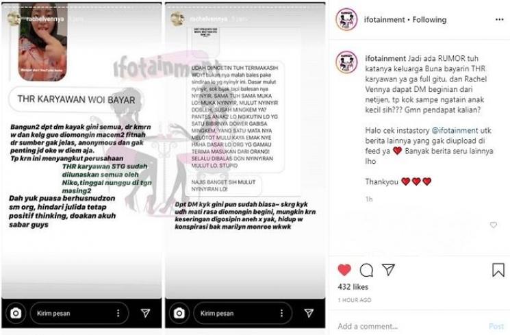 Rachel Vennya difitnah tak bayar THR (Instagram @ifotainment)