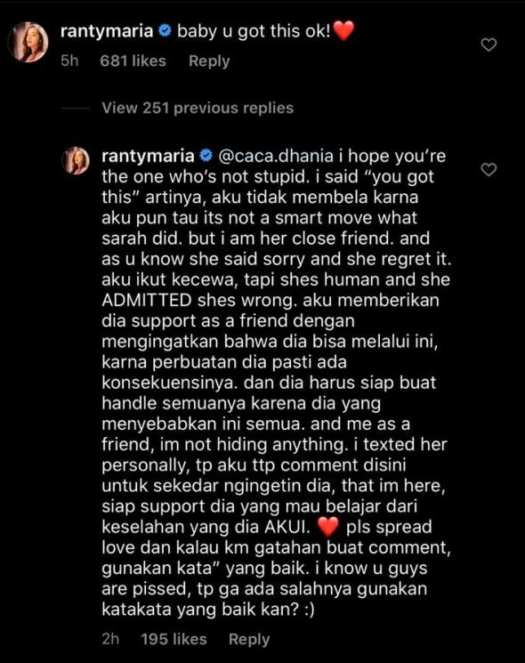 Komentar Ranty Maria untuk Sarah Keihl. (Instagram/@sarahkeihl)