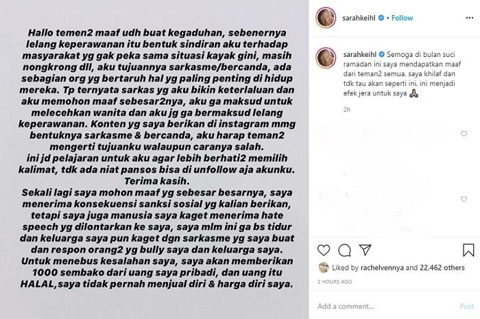 Sarah Salsabila menghapus video lelang keperawanan (Instagram @sarahkeihl)