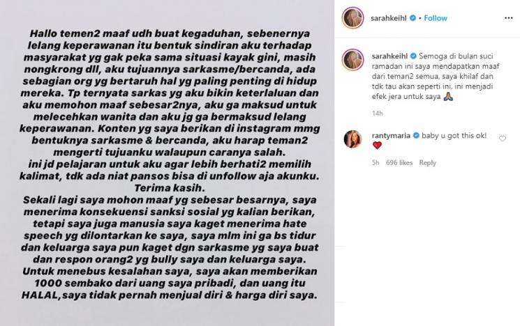 Komentar Ranty Maria untuk Sarah Keihl. (Instagram/@sarahkeihl)