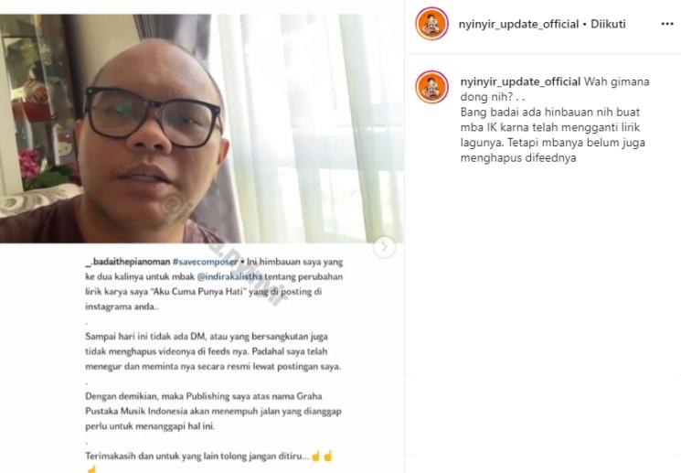Badai eks Kerispatih tegur Indira Kalistha (Instagram/@nyinyir_update_official)