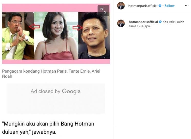 Respon Hotman Paris dipilih Tante Ernie. (Instagram/@hotmanparisofficial)