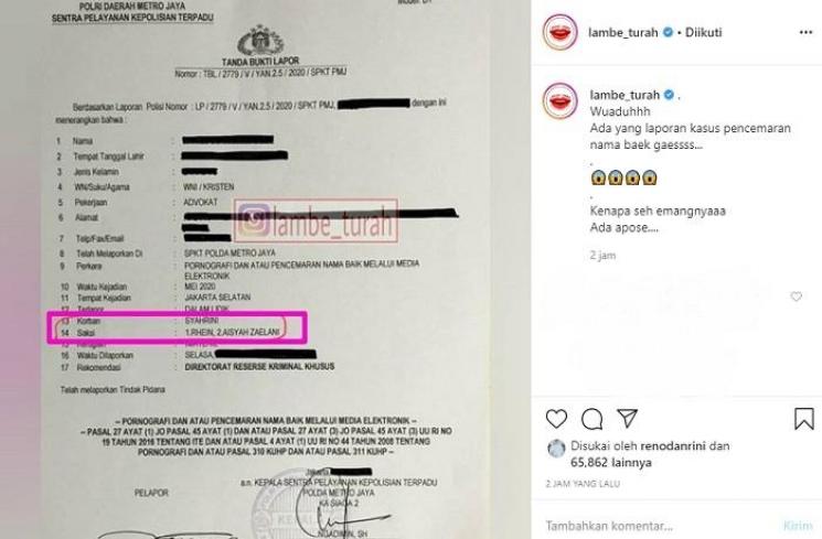 Syahrini lapor polisi (Instagram @lambe_turah)