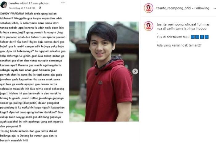 Sandy Pradana, artis muda yang dituding telantarkan istri anak. (Instagram/@taante_rempong_official)