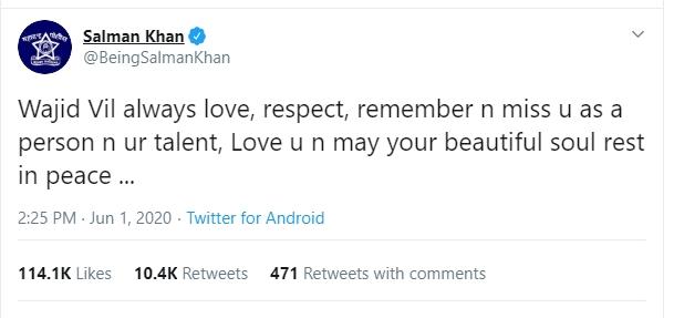 Salman Khan berduka atas meninggalnya Wajid Khan (Twitter/@BeingSalmanKhan)