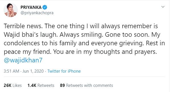 Priyanka Chopra berduka atas meninggalnya Wajid Khan (Twitter/@priyankachopra)