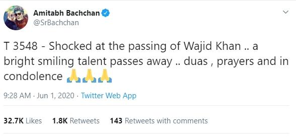 Amitabh Bachchan berduka atas meninggalnya Wajid Khan (Twitter/@SrBachchan)