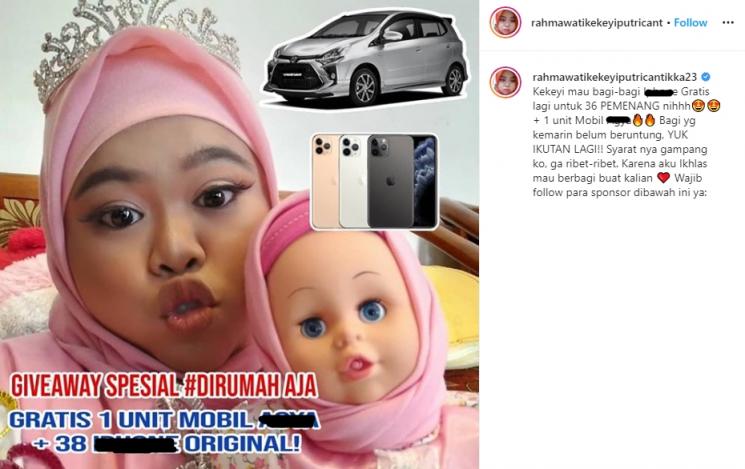Rahmawati Kekeyi giveaway. (Instagram/@rahmawatikekeyiputricantikka23)