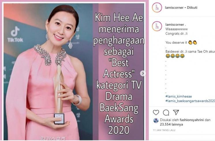 Kim Hee Ae menang Baeksang Awards 2020 (Instagram/@lamiscorner)
