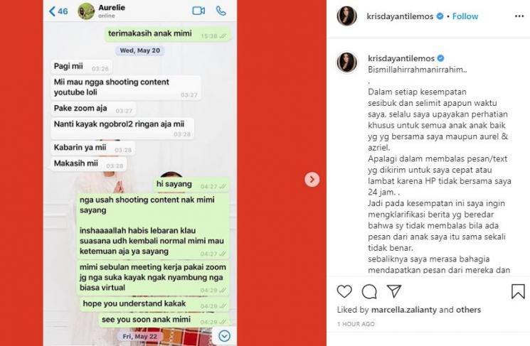 Krisdayanti beberkan chat sebenarnya dengan Aurel Hermansyah. (Instagram/@Krisdayantilemos)