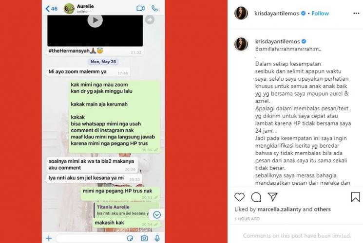 Krisdayanti beberkan chat sebenarnya dengan Aurel Hermansyah. (Instagram/@Krisdayantilemos)