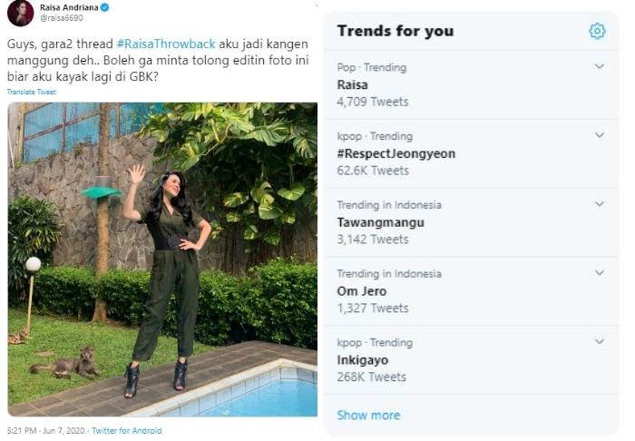 Meme kocak Raisa Andriana sampai jadi trending Twitter. (Twitter/@raisa6690)