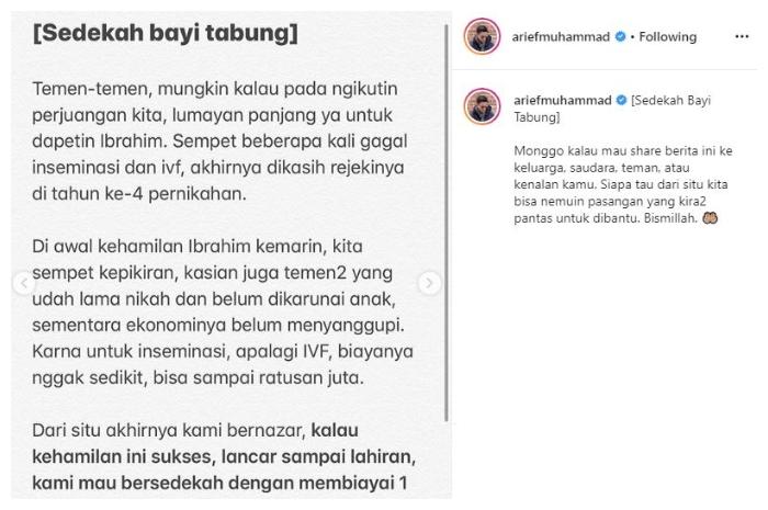 Youtuber Arief Muhammad sedekah bayi tabung. (Instagram/@ariefmuhammad)