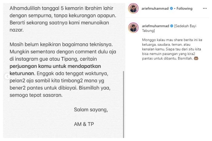 Youtuber Arief Muhammad sedekah bayi tabung. (Instagram/@ariefmuhammad)