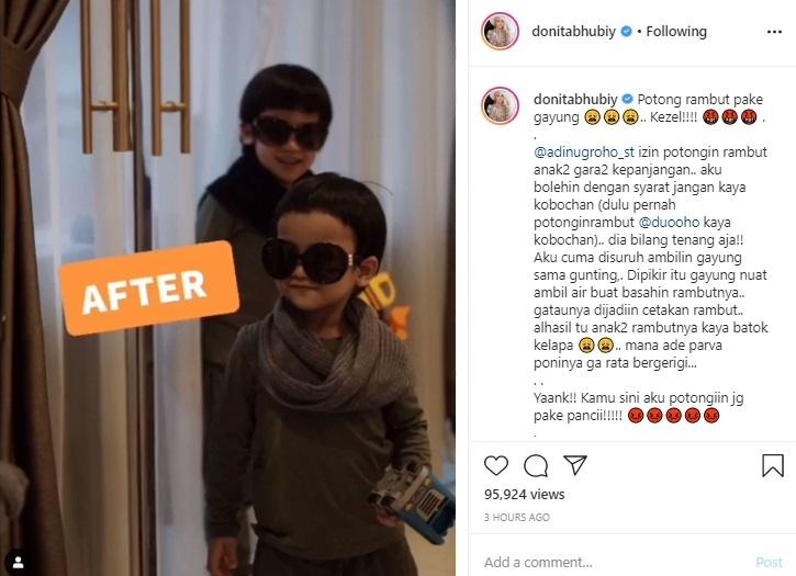 Adi Nougroho potong rambut anak pakai gayung. (Instagram/@donitabhubiy)