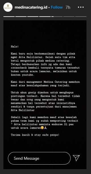 Klarifikasi Medina Catering. (Instagram/@medinacatering.id)
