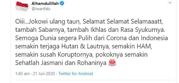 Iwan Fals beri ucapan ulang tahun ke Presiden Jokowi. (Twitter/@iwanfals)