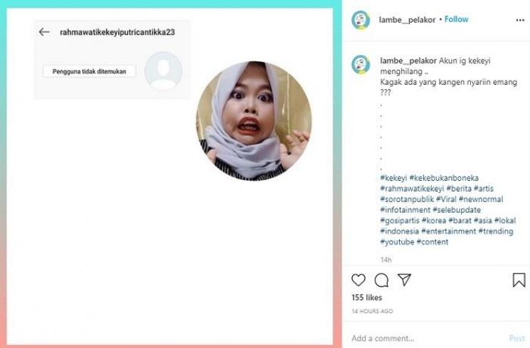 Instagram Rahmawati Kekeyi lenyap (Instagram @lambe__pelakor)