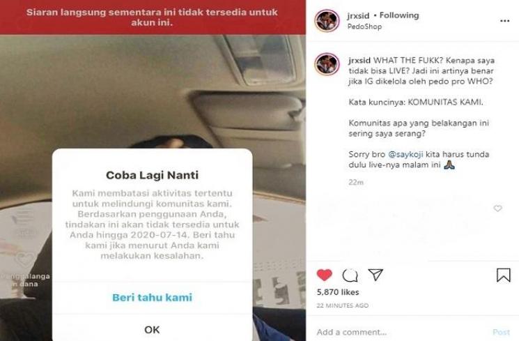 Akun IG Jerinx SID tak bisa dipakai live (Instagram @jrxsid)