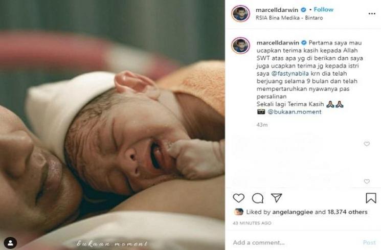 Anak Marcell Darwin lahir (Instagram @marcelldarwin)