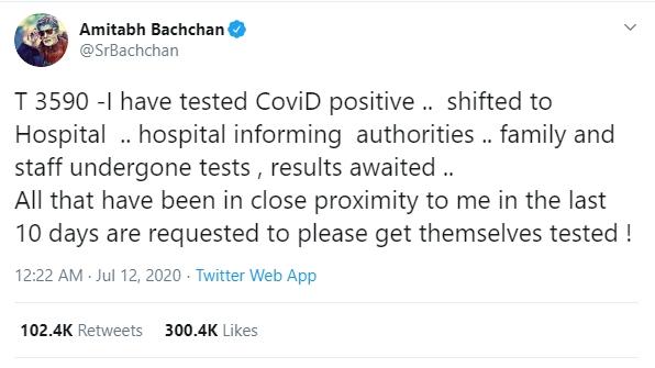 Amitabh Bachchan positif virus corona (Twitter/@Srbachchan)