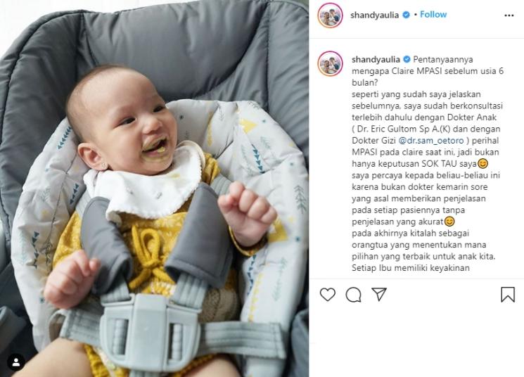 Shandy Aulia beri penjelasan MPASI buah hati di usia 4 bulan. (Instagram/shandyaulia)