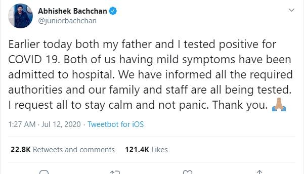 Abhishek Bachchan positif virus corona (Twitter/@juniorbachchan)