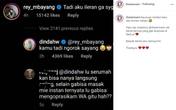 Dinda Hauw dan Rey Mbayang berbalas komentar. (Instagram/@ifotainment)