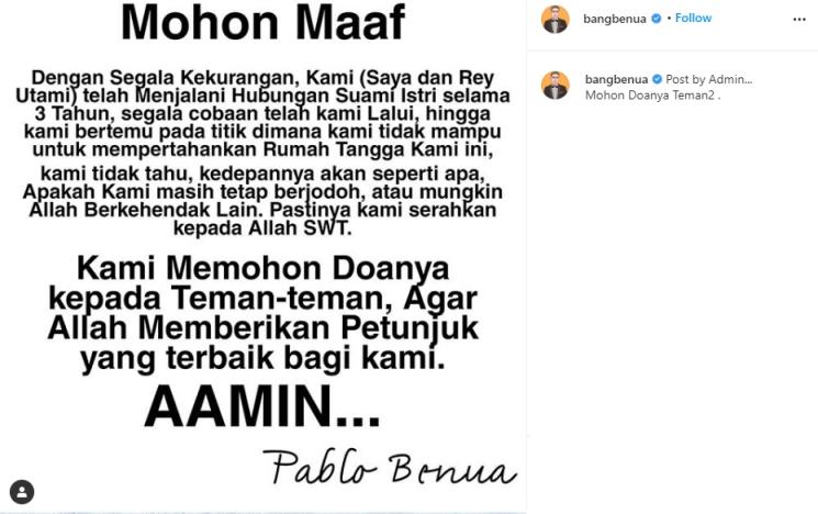 Curhatan Pablo Benua. (Instagram/@bangbenua)