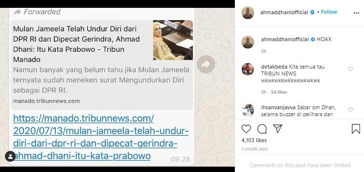 Ahmad Dhani tanggapi pemberitaan Mulan Jameela dipecat Gerindra dan mundur dari DPR. [Instagram]