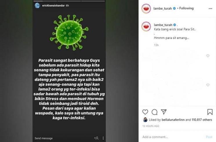 Kakak Jessica Iskandar menyindir soal parasit (Instagram @lambe_turah)