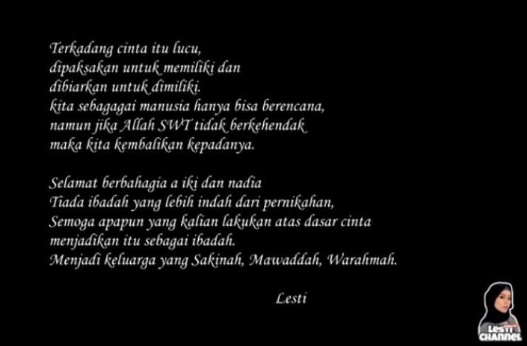 Postingan Lesty Kejora ucapkan selamat untuk pernikahan Rizki DA2. (YouTube)