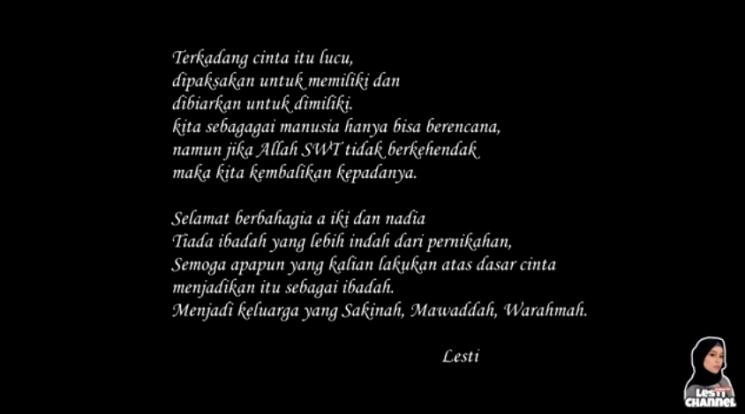 Postingan Lesty Kejora ucapkan selamat untuk pernikahan Rizki DA2. (YouTube)