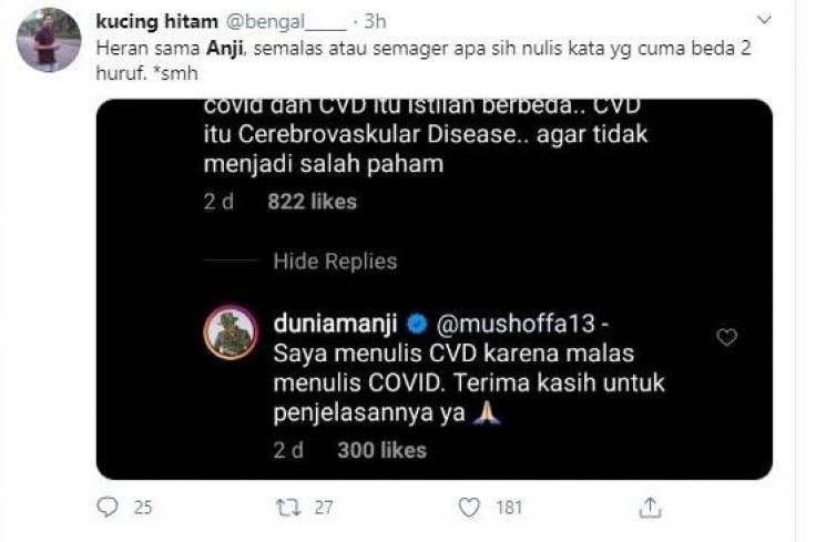 Anji malas nulis COVID 19 bisa jadi salah persepsi. (Twitter/@bengal__)