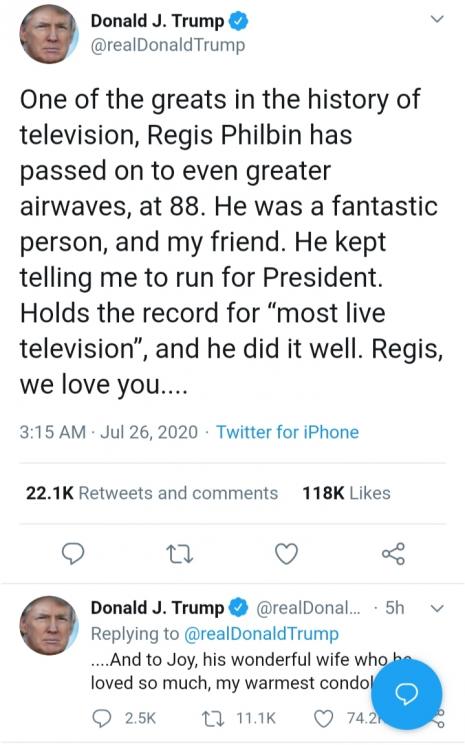Regis Philbin meninggal dunia (Twitter/@realDonaldTrump)