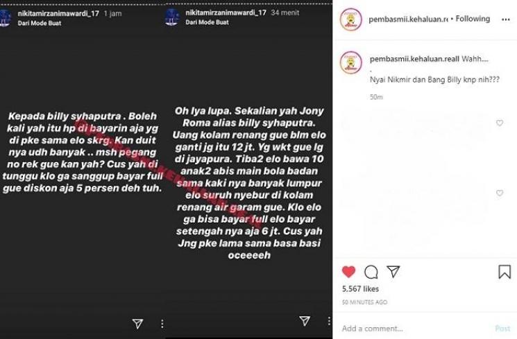 Nikita Mirzani tagih utang ke Billy Syahputra (Instagram @pembasmii.kehaluan.reall)