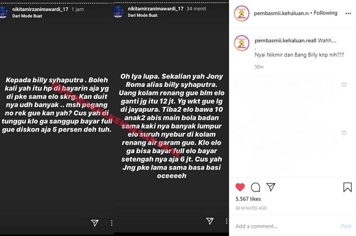 Nikita Mirzani tagih utang ke Billy Syahputra (Instagram @pembasmii.kehaluan.reall)