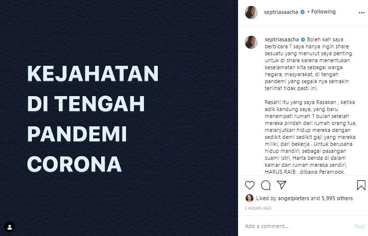 Acha Septriasa ceritakan rumah adiknya dirampok. (Instagram/@septriasaacha)