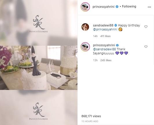 Sandra Dewi ucapkan selamat ulang tahu pada Syahrini. (Instagram/@princessyahrini)