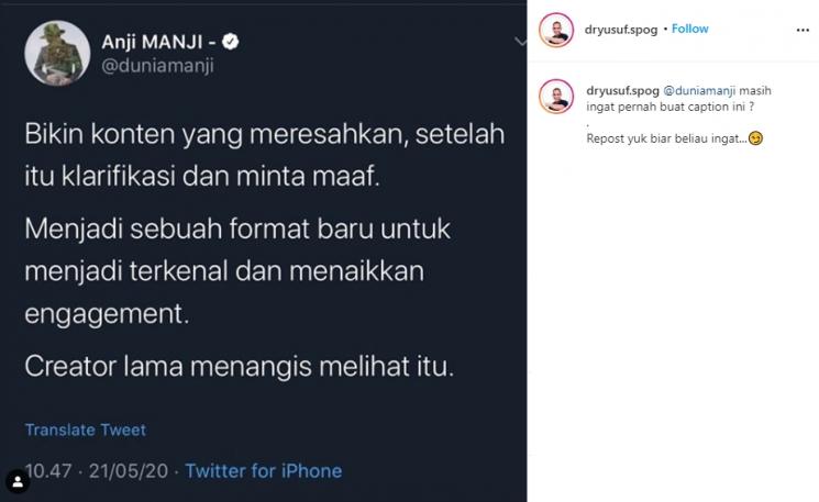 Cuitan Anji di Twitter. [Instagram/@dryusuf.spog)