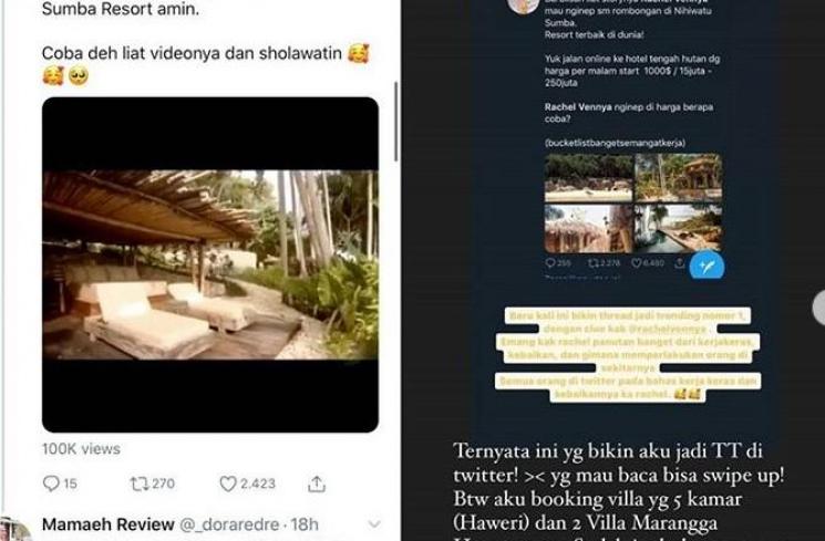Unggahan soal resort mewah yang diinapi Rachel Venya (Instagram)