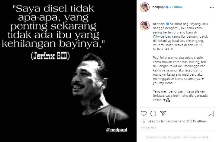 Postingan istri Jerinx SID, Nora Alexandra. (Instagram/@ncdpapl)