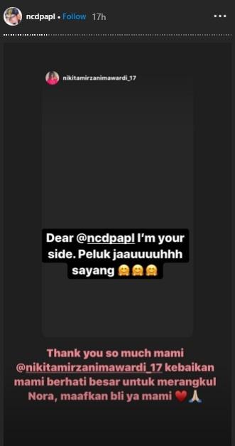 Postingan Nikita Mirzani dibalas Nora Alexandra. (Instagram/@ncdpapl)