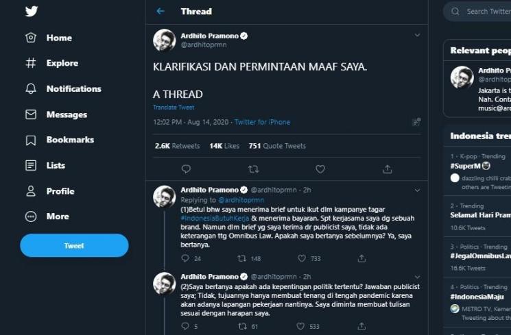 Klarifikasi Ardhito Pramono (Twitter/ardhitoprmn)