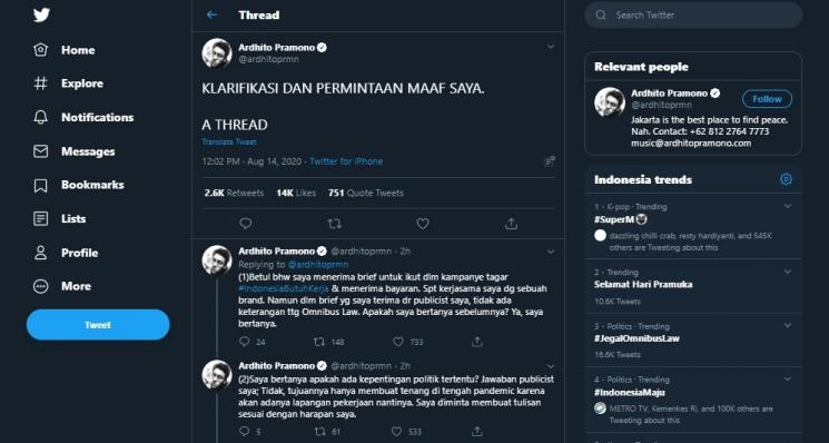 Klarifikasi Ardhito Pramono (Twitter/ardhitoprmn)