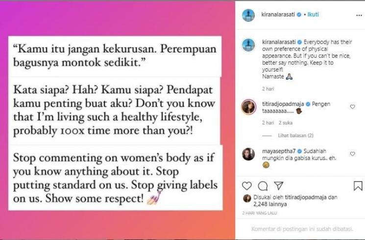 Unggahan Kirana Larasati (Instagram/KiranaLarasati)