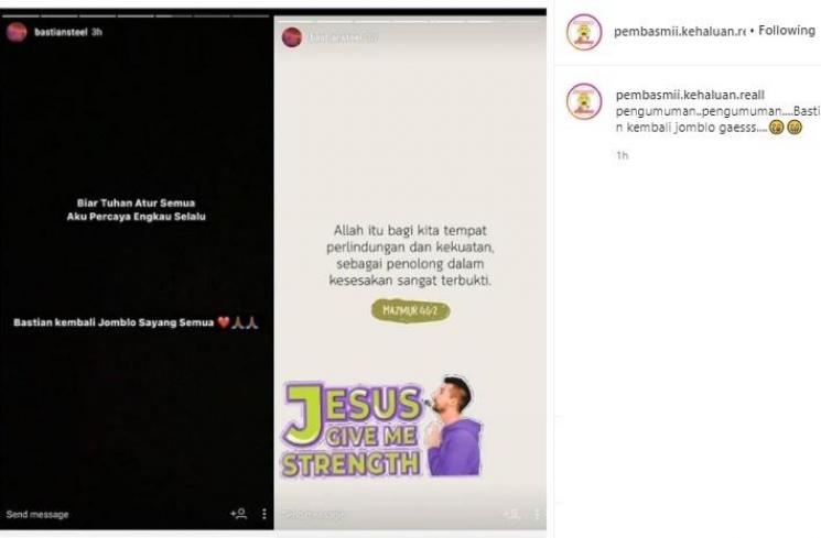 Postingan Bastian Steel ngaku jomblo. (Instagram)